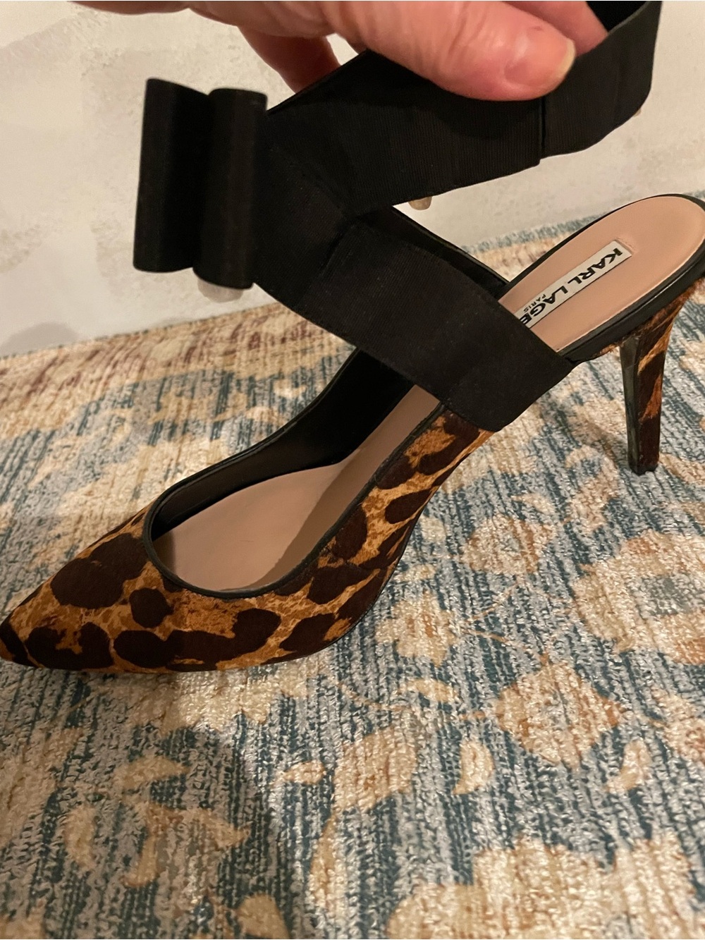 Karl Lagerfeld Pony Hair Leopard Print Pump with Black Bow Ankle Strap NWOT